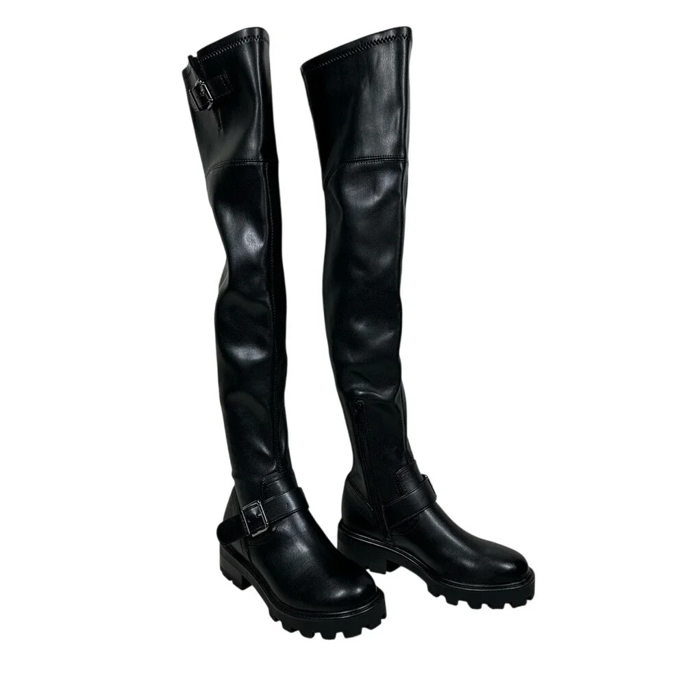 Nine‎ West Women's 5M Nans Lug Sole Over The Knee Boots Black Chunky